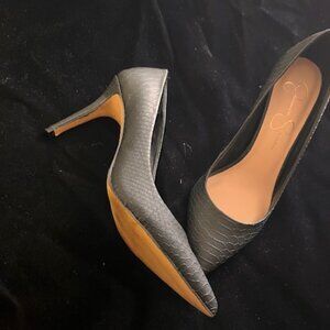 Jessica Simpson’s reptile‑embossed and textured high‑heel pumps